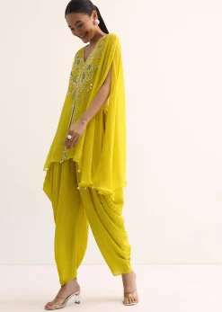 Yellow Embroidered Organza Crop Top Set With Cape