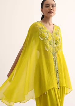 Yellow Embroidered Organza Crop Top Set With Cape