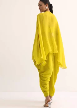 Yellow Embroidered Organza Crop Top Set With Cape