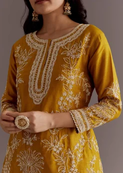 Yellow Embroidered Short Kurta With Silk Satin Dhoti