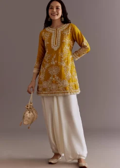 Yellow Embroidered Short Kurta With Silk Satin Dhoti
