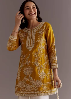 Yellow Embroidered Short Kurta With Silk Satin Dhoti