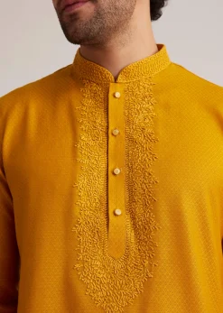 Yellow Embroidered Silk Kurta Set