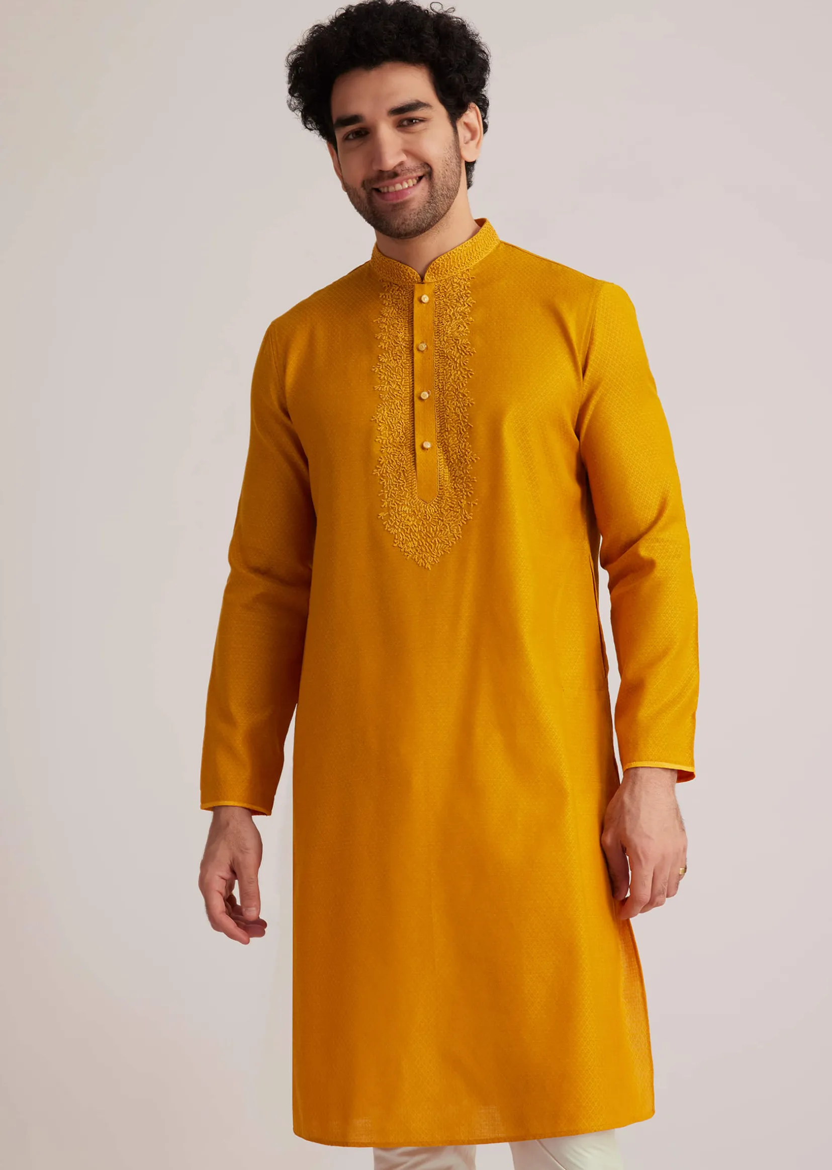 Yellow Embroidered Silk Kurta Set
