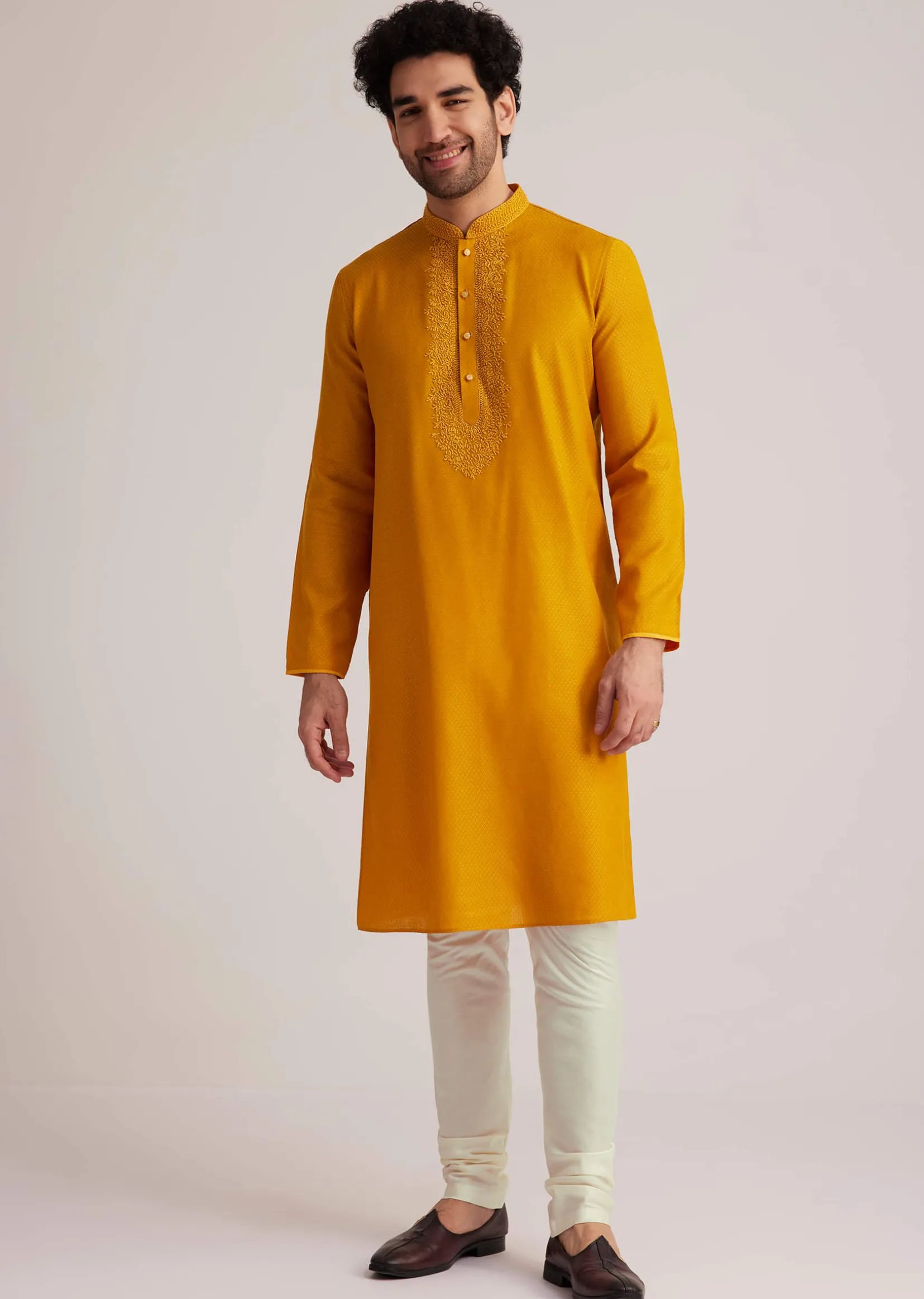 Yellow Embroidered Silk Kurta Set