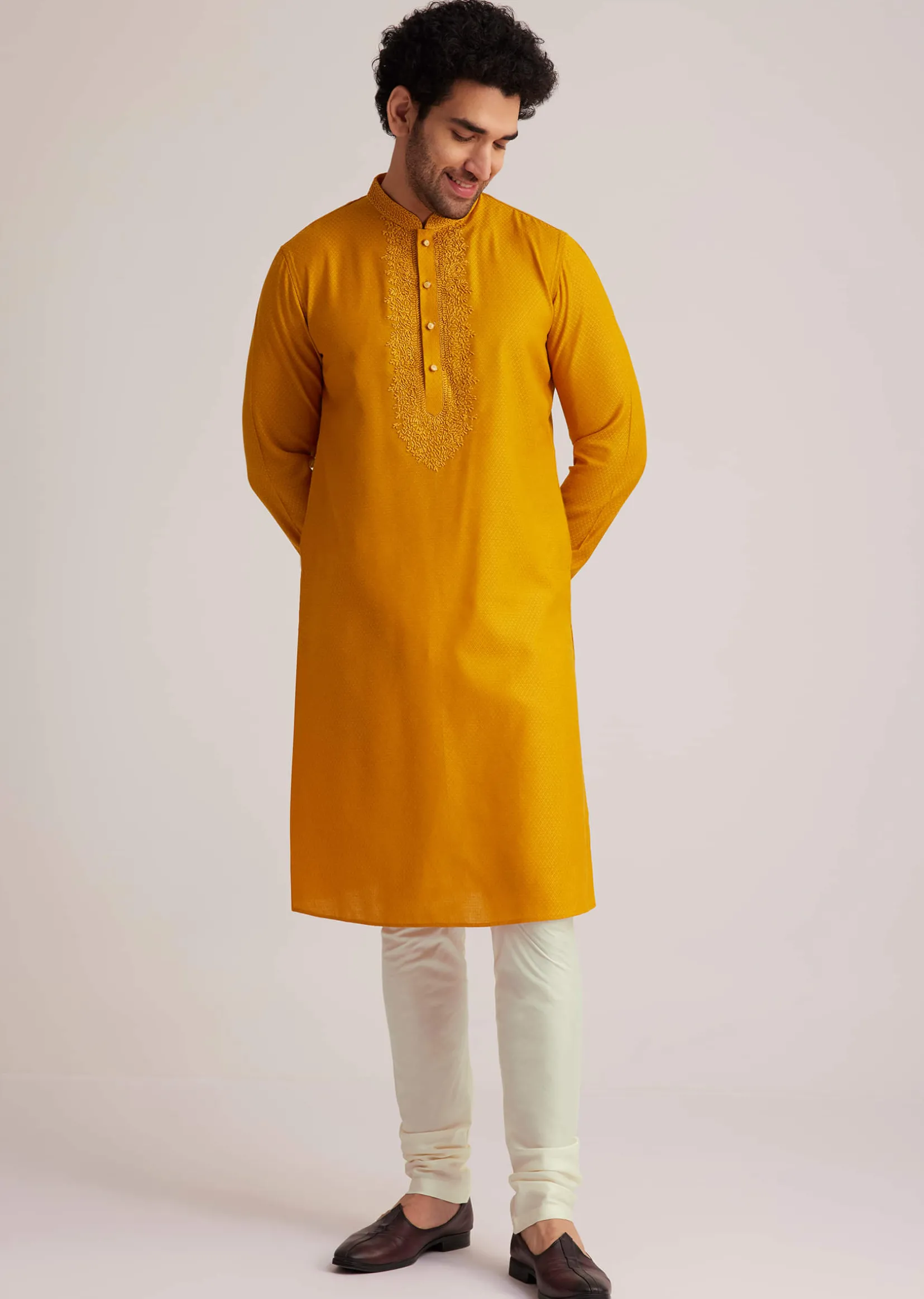 Yellow Embroidered Silk Kurta Set