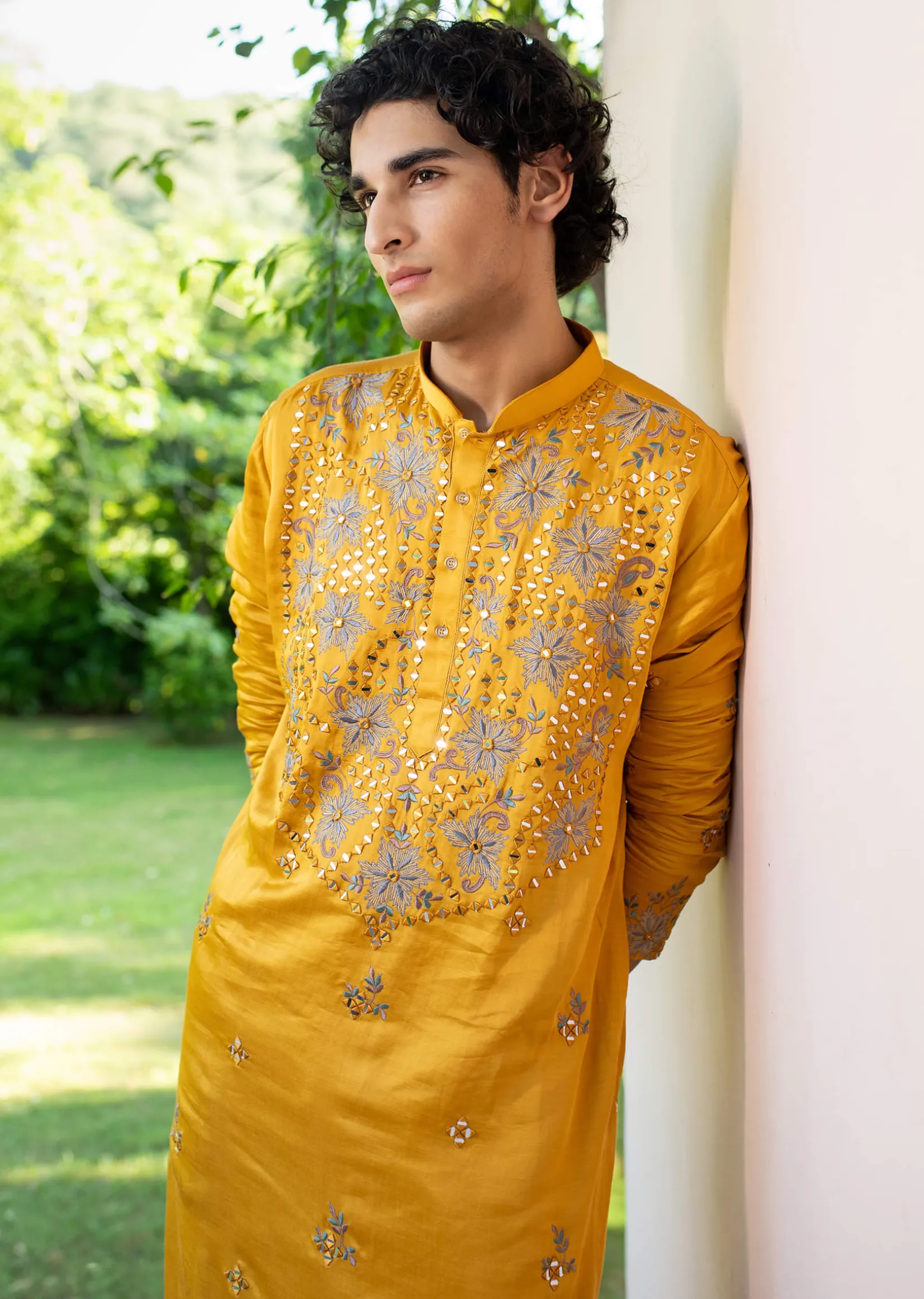 Yellow Embroidered Silk Kurta Set For Men