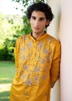 Yellow Embroidered Silk Kurta Set For Men