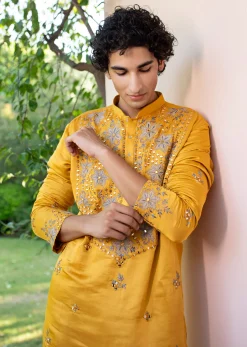 Yellow Embroidered Silk Kurta Set For Men