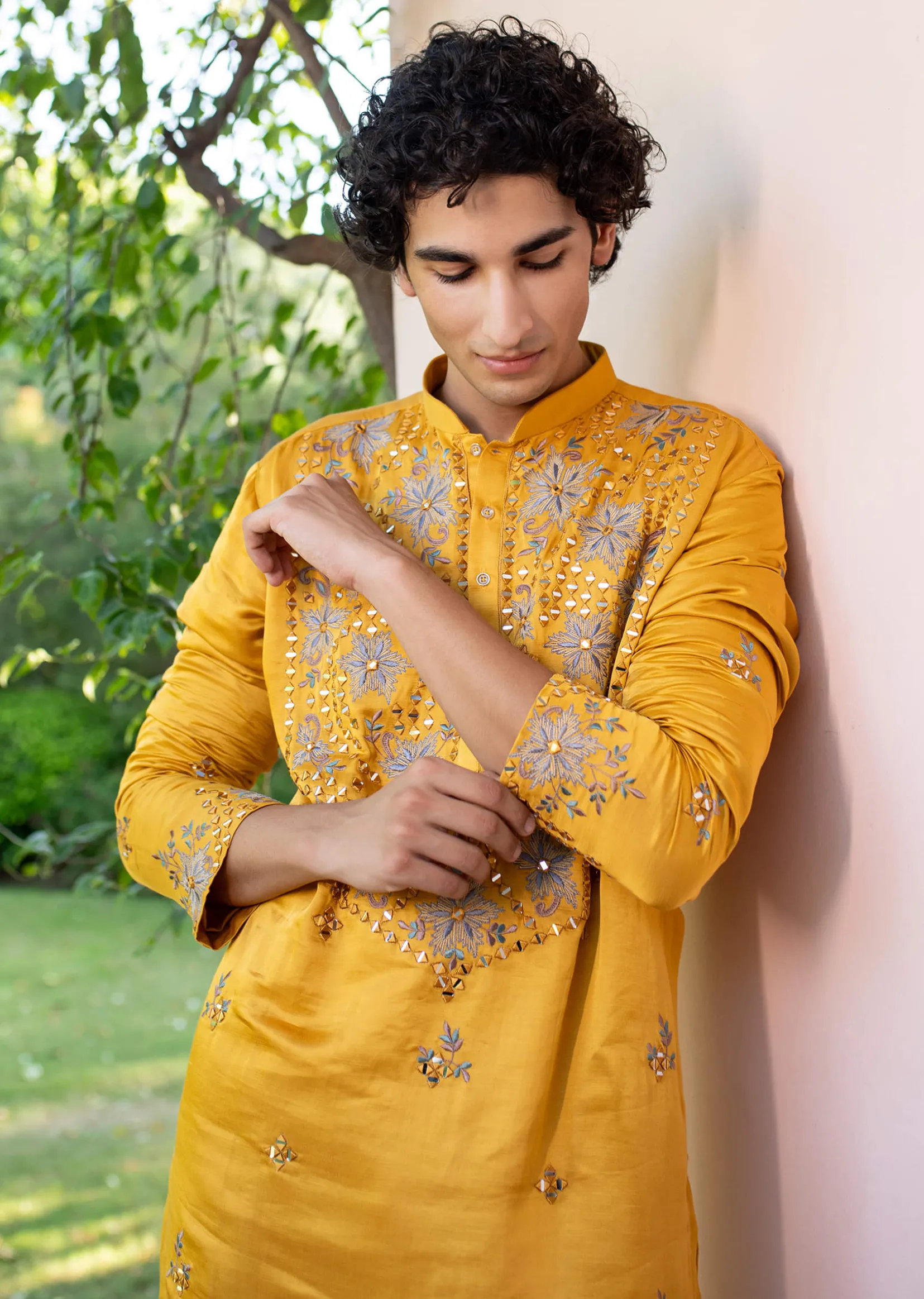 Yellow Embroidered Silk Kurta Set For Men