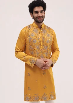 Yellow Embroidered Silk Kurta Set For Men