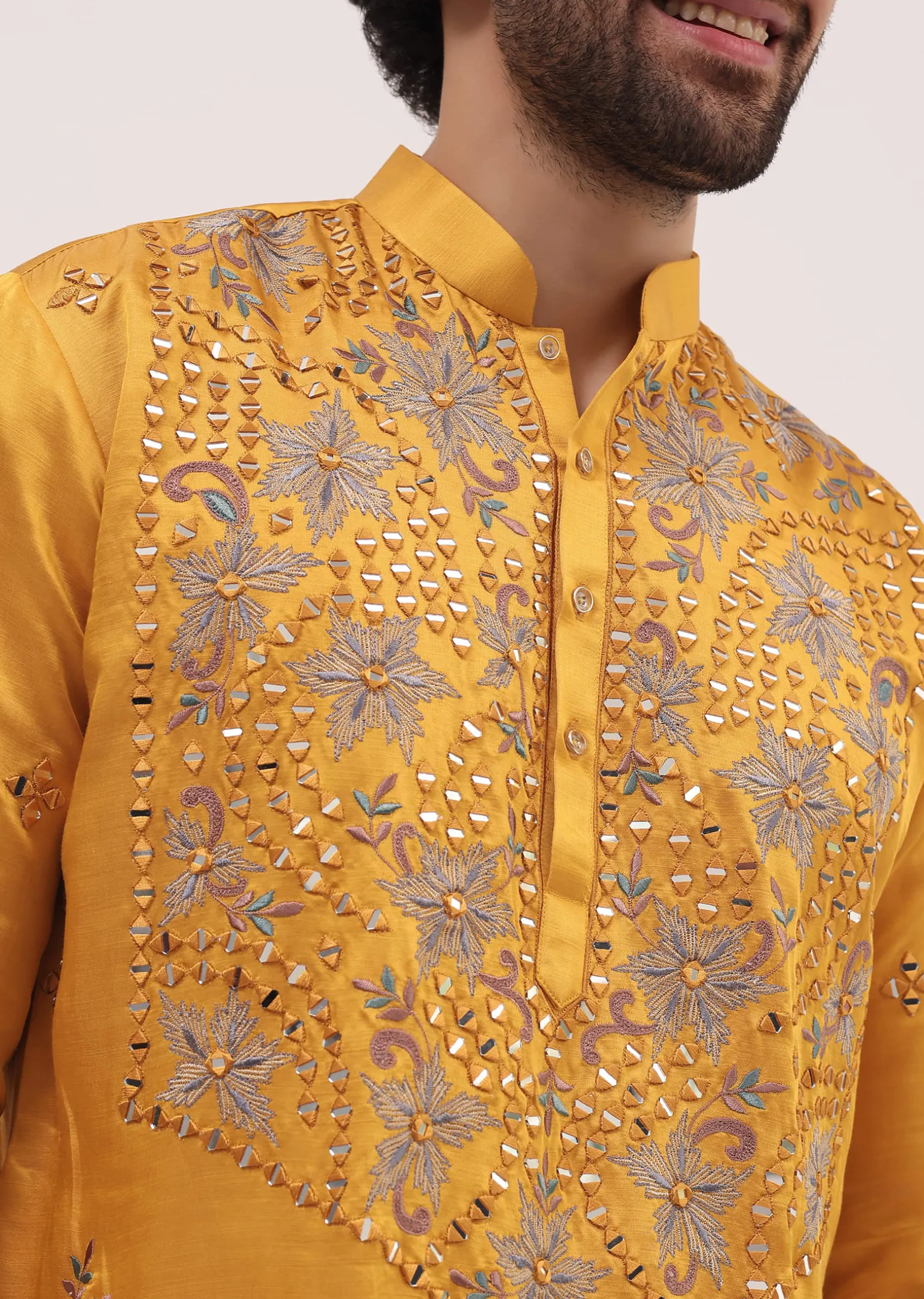 Yellow Embroidered Silk Kurta Set For Men