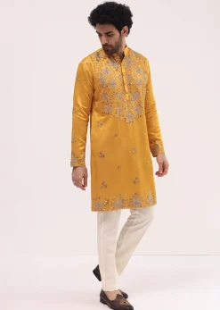 Yellow Embroidered Silk Kurta Set For Men
