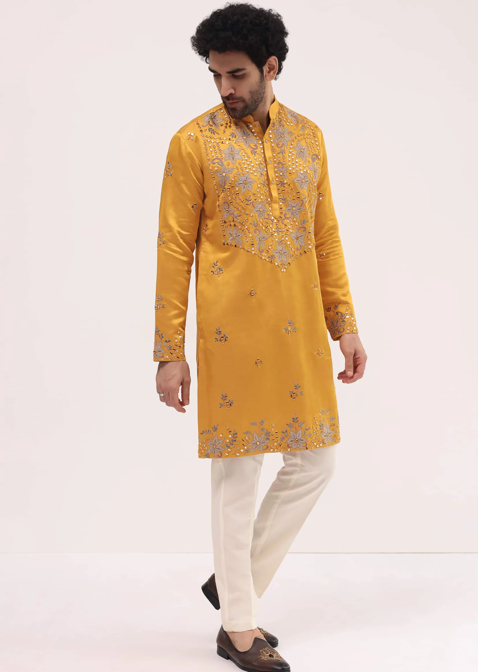 Yellow Embroidered Silk Kurta Set For Men
