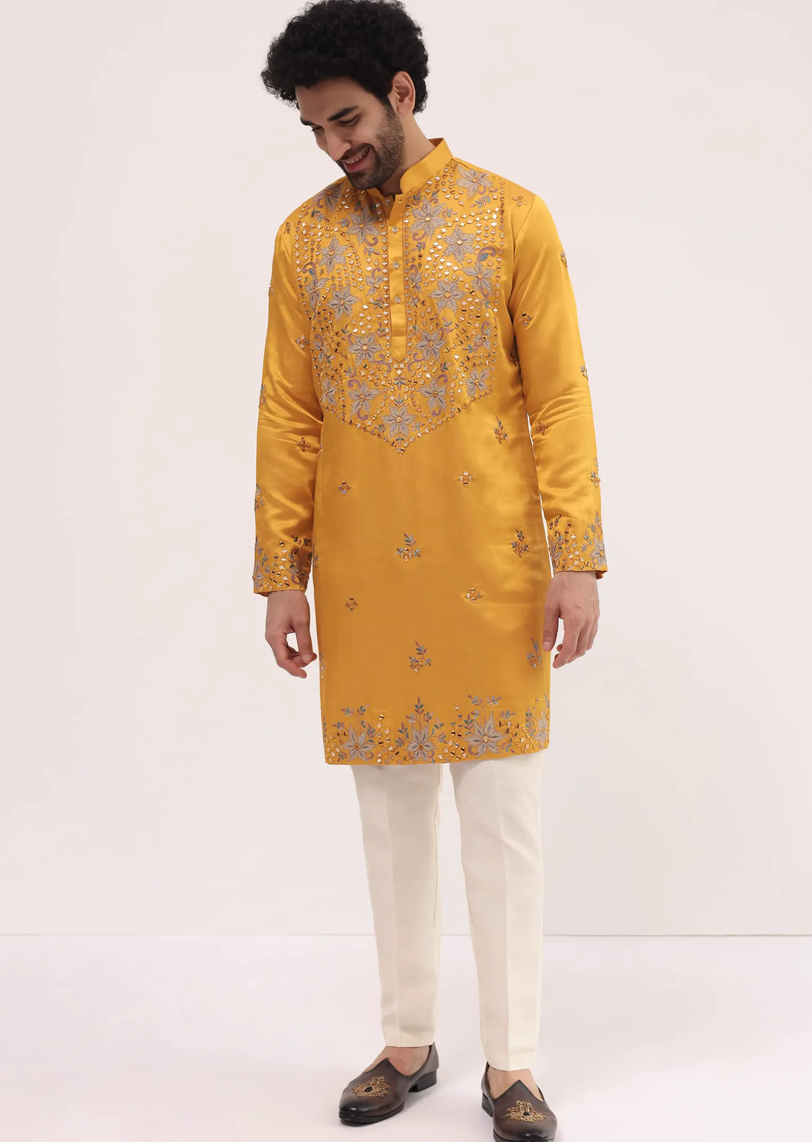 Yellow Embroidered Silk Kurta Set For Men
