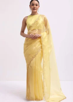 Yellow Embroidered Tissue Saree With Unstitched Blouse