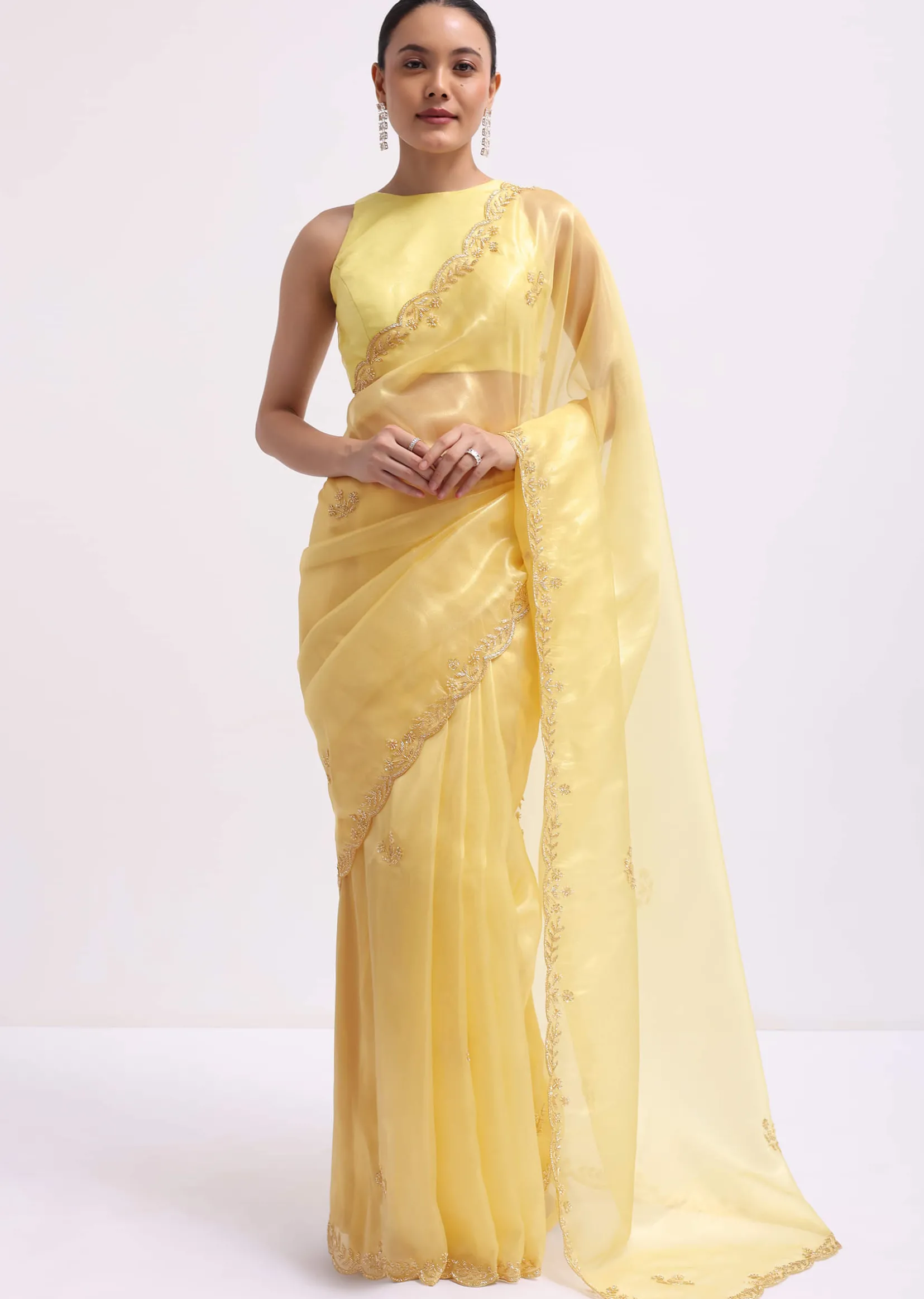 Yellow Embroidered Tissue Saree With Unstitched Blouse