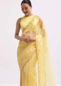 Yellow Embroidered Tissue Saree With Unstitched Blouse