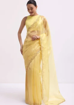 Yellow Embroidered Tissue Saree With Unstitched Blouse