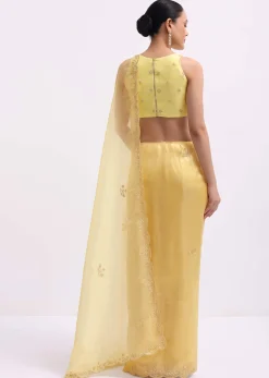 Yellow Embroidered Tissue Saree With Unstitched Blouse