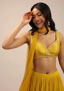 Yellow Festive Blouse With Thread Work And Sweetheart Neckline