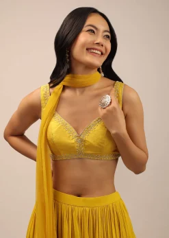 Yellow Festive Blouse With Thread Work And Sweetheart Neckline