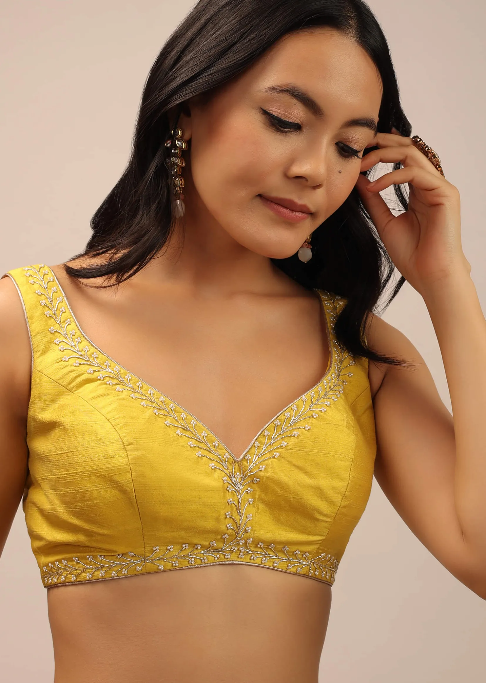 Yellow Festive Blouse With Thread Work And Sweetheart Neckline