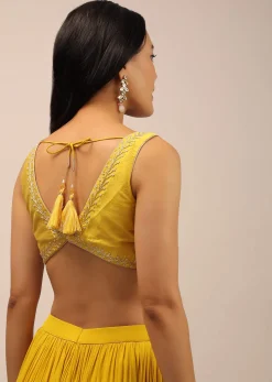 Yellow Festive Blouse With Thread Work And Sweetheart Neckline