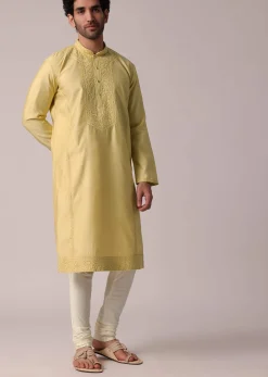 Yellow Festive Silk Kurta Set For Men