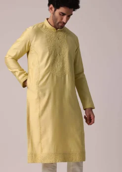 Yellow Festive Silk Kurta Set For Men