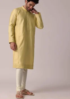 Yellow Festive Silk Kurta Set For Men
