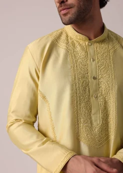 Yellow Festive Silk Kurta Set For Men