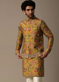 Yellow Floral Embroidered Silk Kurta Jacket Set For Men