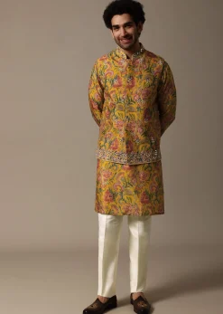 Yellow Floral Embroidered Silk Kurta Jacket Set For Men