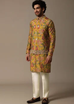 Yellow Floral Embroidered Silk Kurta Jacket Set For Men