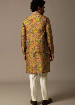 Yellow Floral Embroidered Silk Kurta Jacket Set For Men