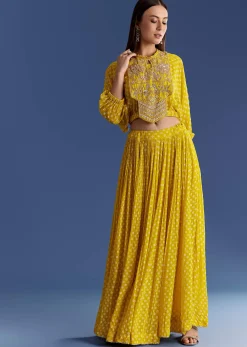 Yellow Floral Georgette Lehenga Set With Zardosi Croptop