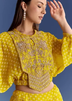 Yellow Floral Georgette Lehenga Set With Zardosi Croptop