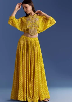 Yellow Floral Georgette Lehenga Set With Zardosi Croptop