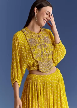 Yellow Floral Georgette Lehenga Set With Zardosi Croptop