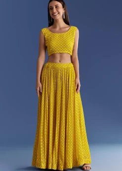 Yellow Floral Georgette Lehenga Set With Zardosi Croptop