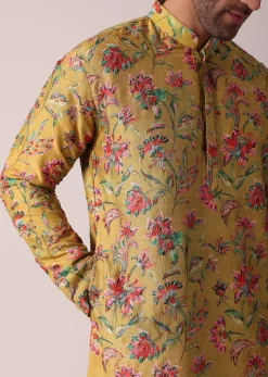 Yellow Floral Hand Embroidered Silk Kurta Set