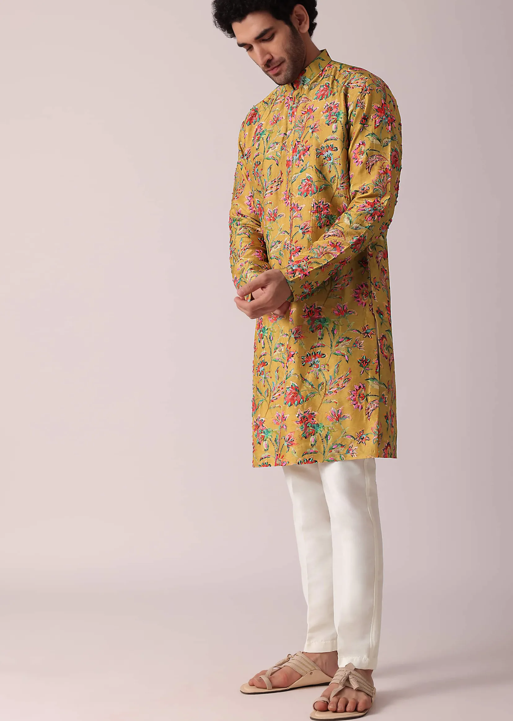 Yellow Floral Hand Embroidered Silk Kurta Set