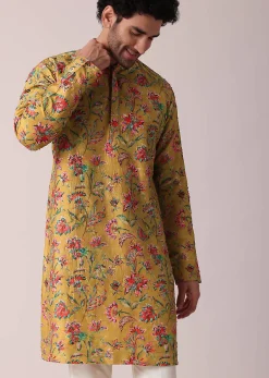 Yellow Floral Hand Embroidered Silk Kurta Set