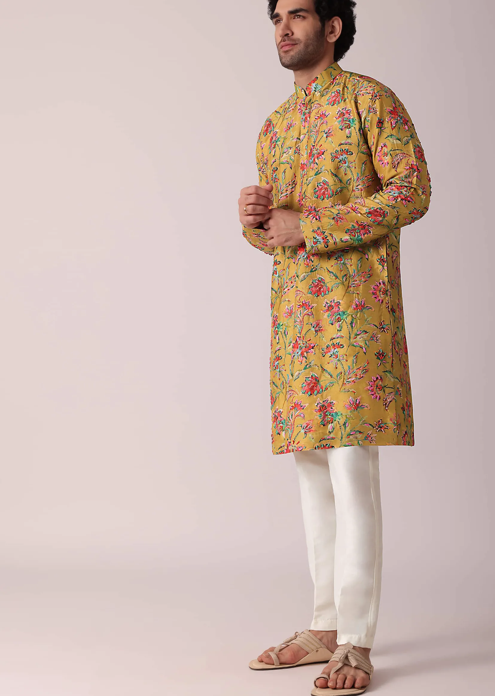 Yellow Floral Hand Embroidered Silk Kurta Set