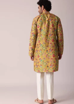 Yellow Floral Hand Embroidered Silk Kurta Set