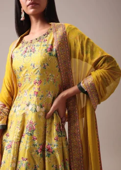 Yellow Floral Printed Anarkali Suit Set In Silk