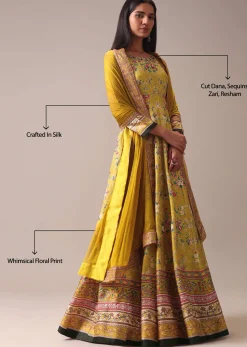 Yellow Floral Printed Anarkali Suit Set In Silk