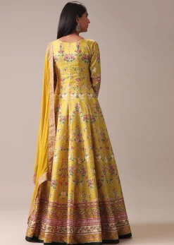 Yellow Floral Printed Anarkali Suit Set In Silk