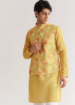 Yellow Floral Printed Jacket Kurta Set